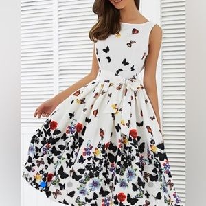 Sleeveless Floral Butterfly Self Tie A Line Dress